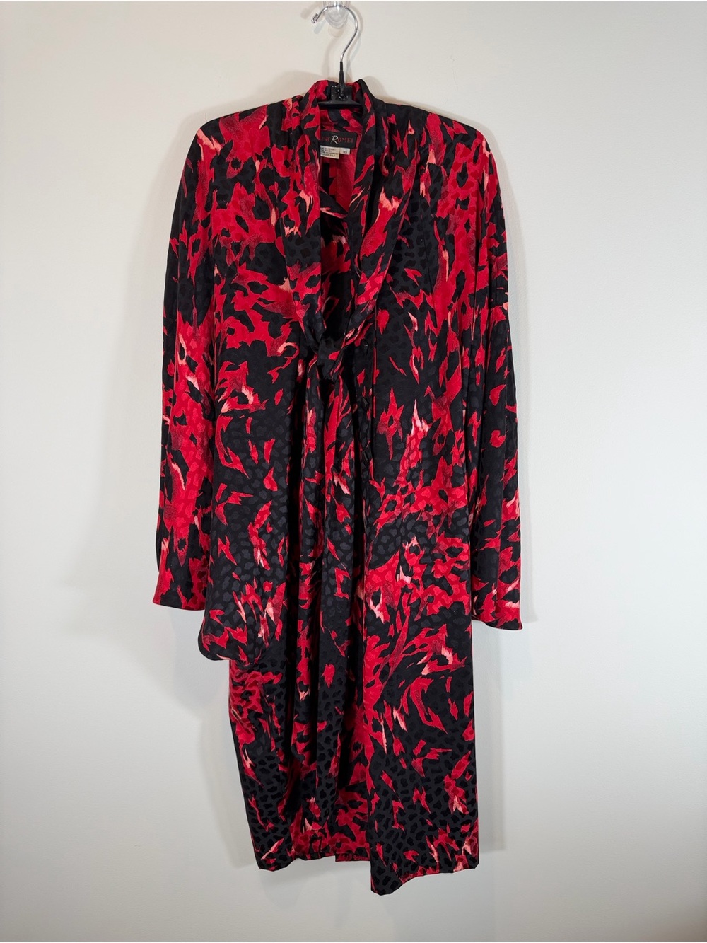 Vintage Saint Romei Silk Red & Black Midi Wing Sleeve Tie Neck Dress Size 10